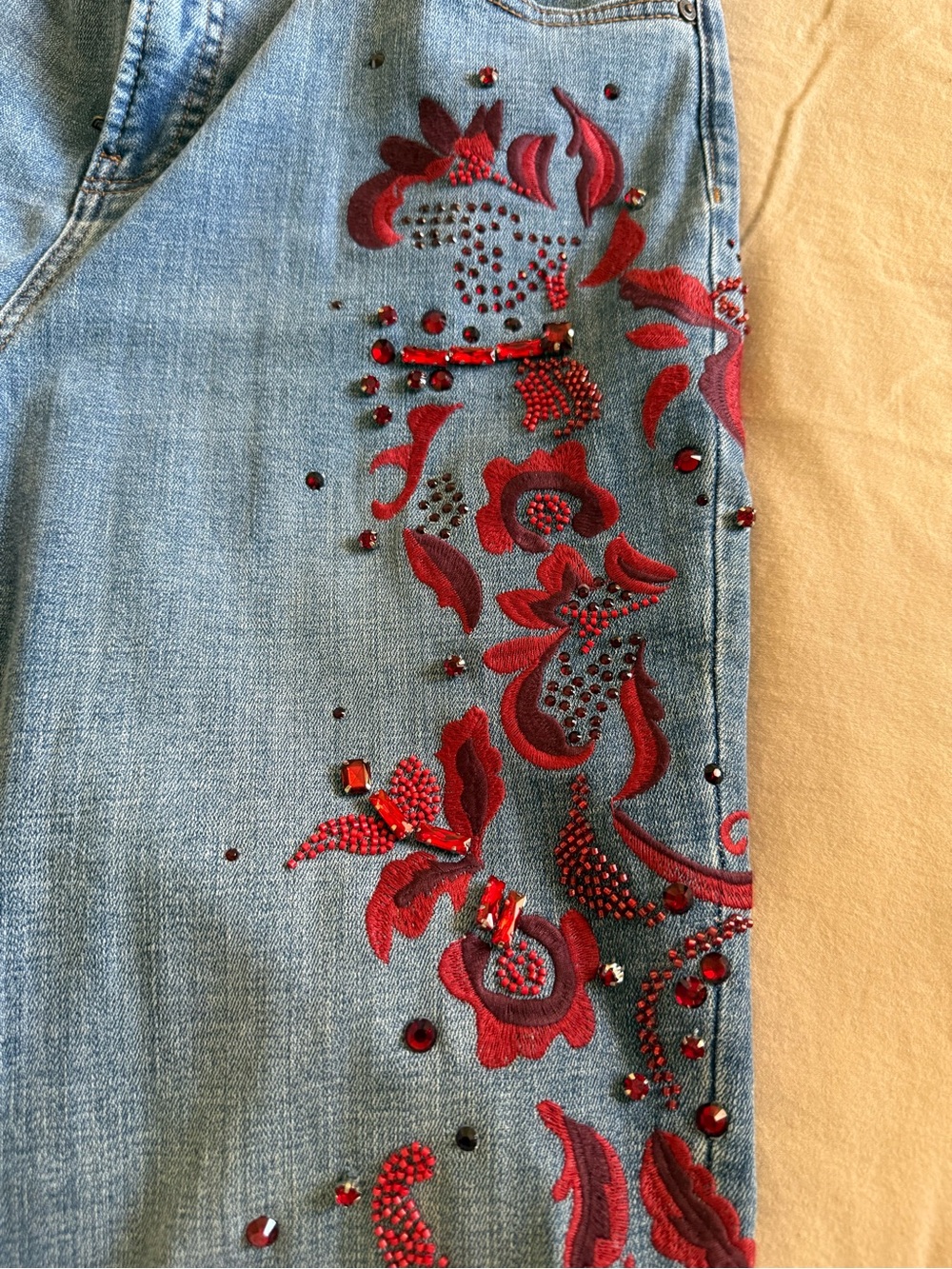 Chico's Light Blue Straight-Leg Jeans with Red Floral Embroidery - Picture 6 of 6